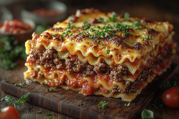 Lasagna – Layered pasta with meat, cheese, and tomato sauce, restaurant, natural lighting, beautiful meal, captivating color