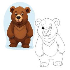 Obraz premium Cheerful Cartoon Bear Coloring and Illustration, Brown Bear Matching Line Art for Kids' Activities or Educational Fun.
