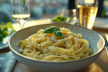 Pasta al Pesto – Pasta with basil pesto sauce,  restaurant, natural lighting, beautiful meal, captivating color