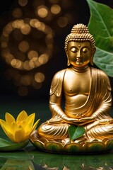 Fototapeta premium buddha golden flower with circles and Green leaf, ai