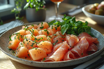 Prosciutto e Melone – Prosciutto wrapped around melon slices, Prosciutto wrapped around melon slices, resturant, natural lighting, beautiful meal, captivating color