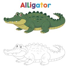Obraz premium Green Alligator Coloring and Illustration, Alligator Matching Line Art for Kids' Activities or Educational Fun.