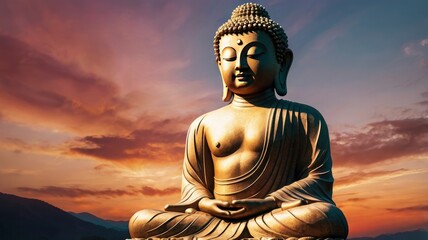 Obraz premium Abstract Beautiful Buddha With Sunset Sky Background, ai