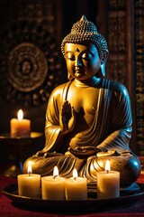 Fototapeta premium Buddha statue and candle light. ai