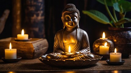 Fototapeta premium Buddha statue and candle light. ai