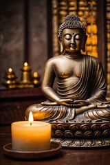 Fototapeta premium Buddha statue and candle light. ai