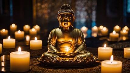 Fototapeta premium Buddha statue and candle light. ai