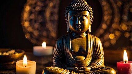 Fototapeta premium Buddha statue and candle light. ai