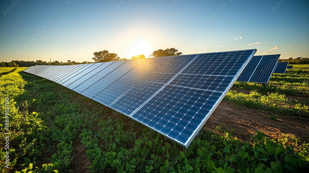 Poster rows of solar panels reflect the warm glow of the sunset while capturing sunlight in a lush green fi