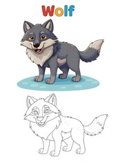 Obraz premium Cheerful Cartoon Wolf Coloring and Illustration, Grey Wolf Matching Line Art for Kids' Activities or Educational Fun.