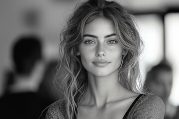 Black and White photograph of a Woman Portrait in Office, Business Woman Portrait, Board meeting, Office meeting, team meeting, office environment, computer office, business woman	