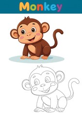 Fototapeta premium Cheerful Cartoon Monkey Coloring and Illustration, Monkey Matching Line Art for Kids' Activities or Educational Fun.