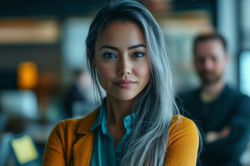 Oriental Woman Portrait, looking directly into the camera, with intent, office environment, office meeting, computer office, presenting arty, business casual orange top blue shirt, Asian Boss woman