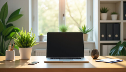 Fototapeta premium Modern Home Office Workspace with Laptop and Plants