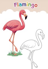 Naklejka premium Cheerful Cartoon Flamingo Coloring and Illustration, Flamingo Matching Line Art for Kids' Activities or Educational Fun.