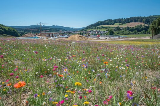 Wildflowers blooming in meadow near construction site in Germany.