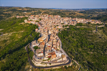 Italy, Sicily, Ragusa District, Monterosso Almo. June 2023. Amazing aerial panoramic piture from drone.