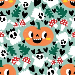 Fototapeta premium Halloween cute pumpkins seamless ghost pattern for wrapping paper and fabric