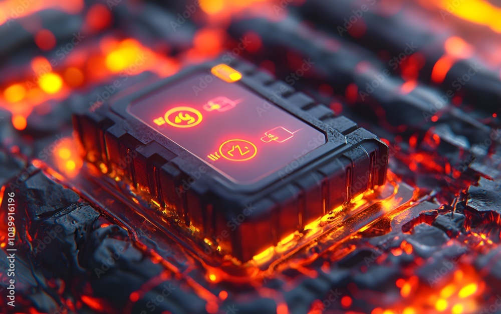 Poster a glowing microchip embedded in a lava-like surface, illustrating advanced technology.