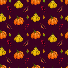 Seamless autumn pattern. Hand drawn yellow and orange pumpkins and bright leaves on dark violet background. Design for Halloween holiday costume, greeting card, banner, party invitation. 
