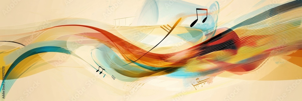 Poster Colorful sound waves blend with musical notes and abstract instrument shapes, creating an energetic visual rhythm that captivates the senses. Generative AI