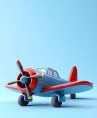 Cute cartoon airplane in blue and red with a solid-color background made of cartoon clay material with glossy paint gradient color and bright light source at a tilt angle