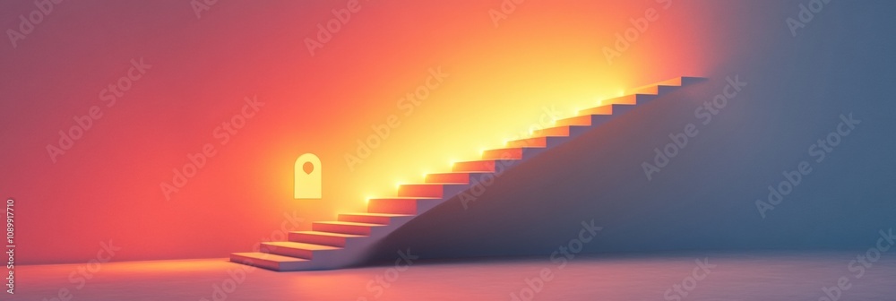 Aufkleber steps ascend towards a luminous door, casting warm light against cool walls, evoking curiosity and i