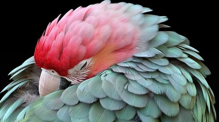 Obraz premium A parrot with striking red and aqua feathers is nestled comfortably, showcasing its colorful plumage and peaceful demeanor in a tranquil setting