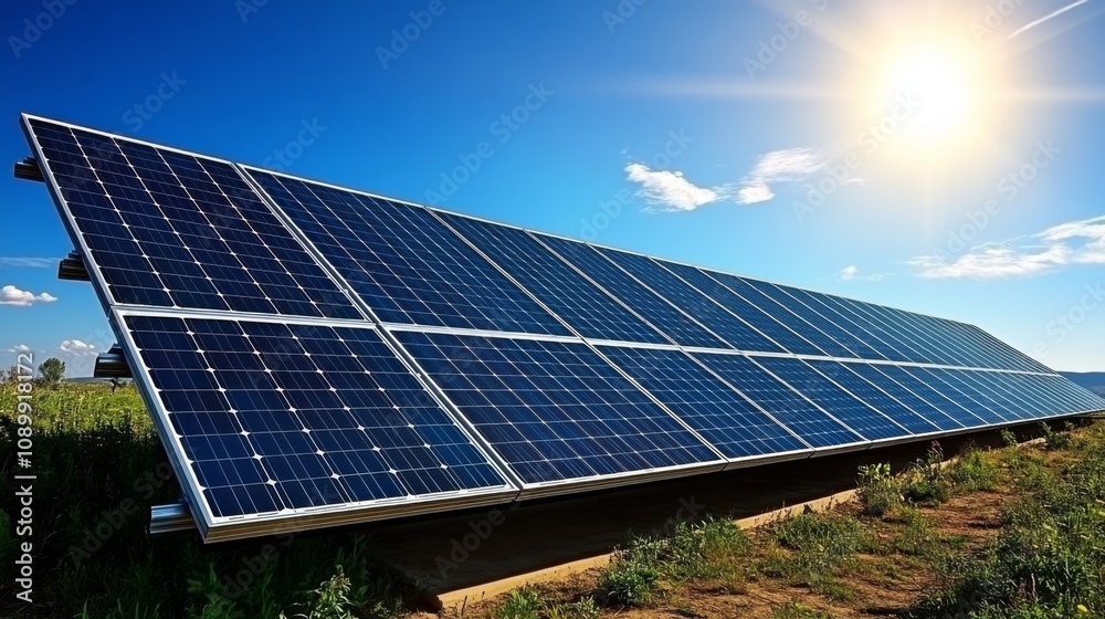 Poster a row of solar panels is capturing sunlight to produce renewable energy in an open field, showcasing