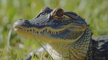 Obraz premium A crocodile rests on green grass, its textured skin glistening in the sunlight. The reptile's sharp teeth and eyes are clearly visible, showcasing its predatory nature