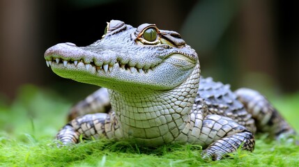 Fototapeta premium A crocodilian relaxes on vibrant green moss, showcasing intricate textures and features. The setting highlights a serene environment with dappled light filtering through foliage