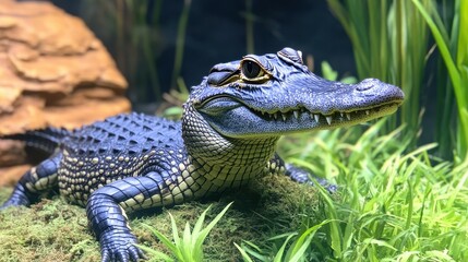 Obraz premium A crocodile relaxes on a patch of grass surrounded by rocks and water in a wildlife exhibit, showcasing its distinctive scales and sharp teeth