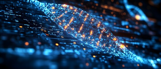 A digital representation of DNA strands with glowing elements and a futuristic aesthetic.