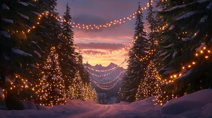 Fotobehang Bruin Winter wonderland snow-covered pine trees adorned with warm string lights mountain landscape serene evening nature's beauty  © Teresaart