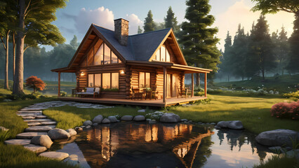 Obraz premium cozy wooden cabin in a serene countryside, surrounded by lush green grass and tall trees under a soft twilight sky. 