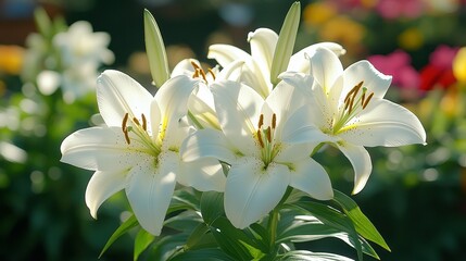 Fototapeta premium White lilies stand tall and elegant among a backdrop of vibrant flowers in a lush garden during a sunny afternoon. The scene captures the essence of spring