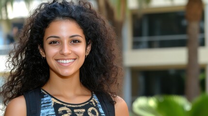 Fototapeta premium A young woman with curly hair stands outdoors, smiling cheerfully. Sunlight filters through palm trees, creating a warm atmosphere in a lively environment