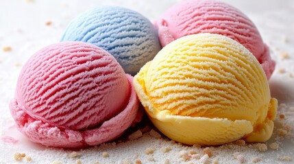 Four vibrant scoops of ice cream in pink, blue, yellow, and pale cream shades sit together on a smooth surface, surrounded by a sprinkle of sugar crystals, creating a tempting dessert display