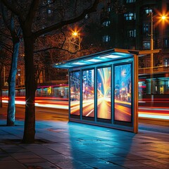 Night city bus stop advertising billboard with car light streaks.