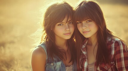 Fototapeta premium Two girls stand closely together, smiling warmly in the soft golden light of a summer afternoon. The background features a peaceful field, enhancing their joyful connection