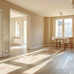 Fototapeta premium Modern apartment with dining and living rooms beige walls.