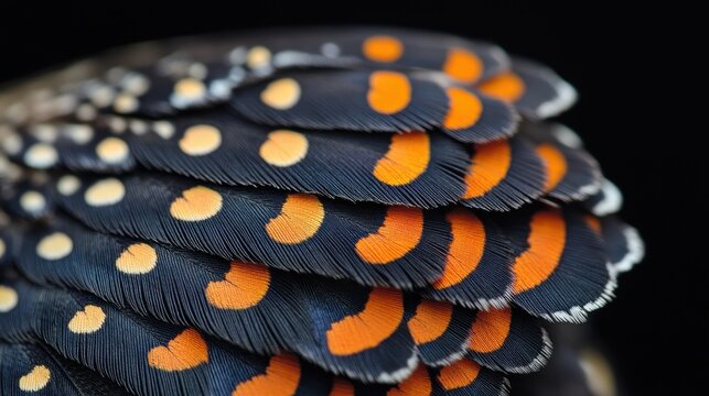 This close-up view highlights the stunning feather patterns of a butterfly, featuring bold orange and white spots against a dark background, showcasing nature's artistry