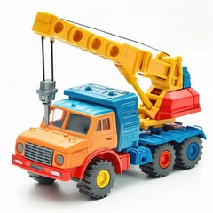 Fototapeta premium Multi colored plastic toy trucks for childrens games on a white background. Truck crane.