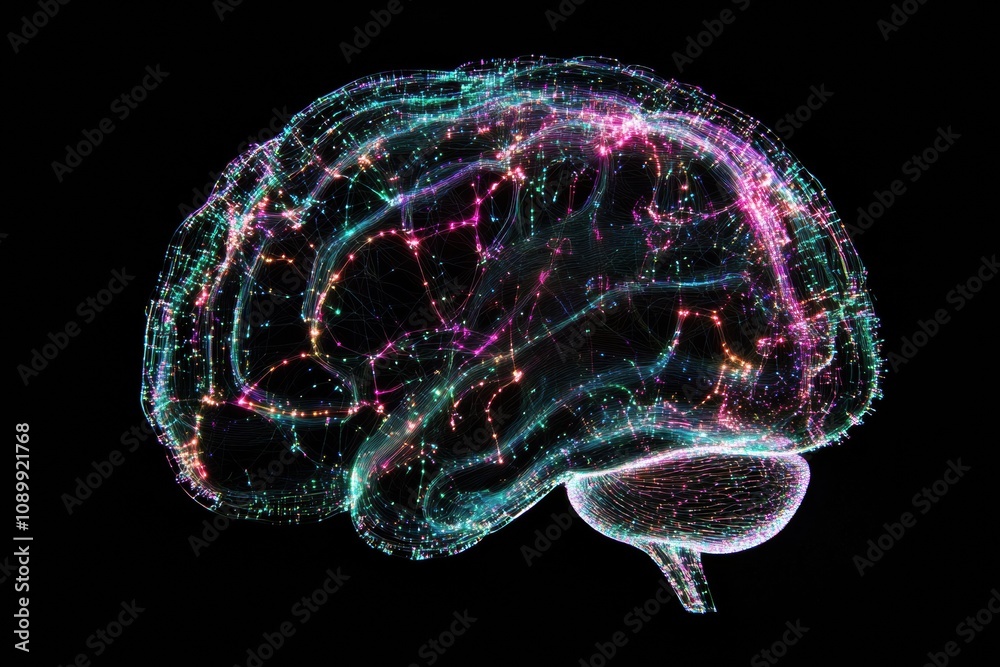 Poster an abstract digital brain displays vibrant neural connections against a dark backdrop, illustrating 