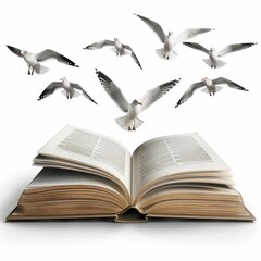 Fototapeta premium Seven seagulls fly above an open antique book symbolizing knowledge and freedom.