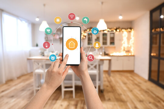 Interior of kitchen decorated for Christmas celebration, blurred view