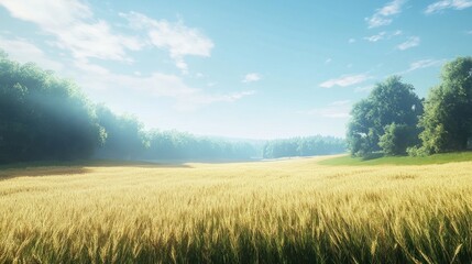 Fototapeta premium A golden barley field under a clear blue sky, with soft sunlight casting long shadows, a serene countryside landscape