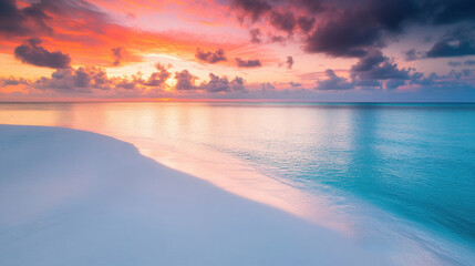 Obraz premium Vibrant sunset over a tranquil beach with colorful skies and calm waters, AI