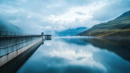 Fototapeta premium A serene reservoir with calm water reflecting the sky, with a dam structure in the distance and mountains on the horizon