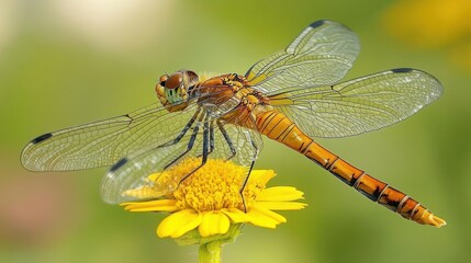 Close-up of a dragonfly's iridescent wings glinting in sunlight, resting on a bright yellow flower against a serene natural backdrop